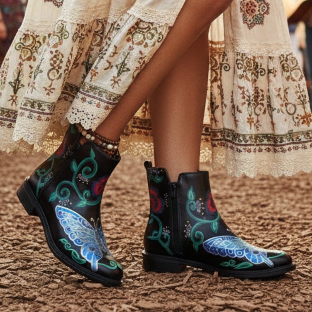 Hand Painted Colorful Butterfly Ankle Boots 8.5